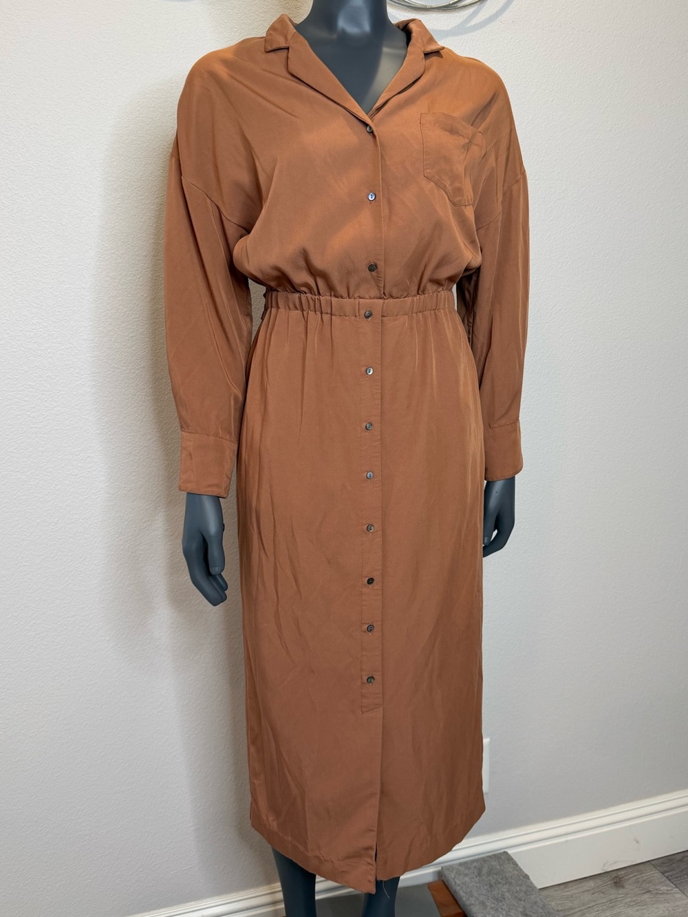 Snidel Brown Button-Front Midi Shirt Dress with Self-Tie Waist Women’s size M
